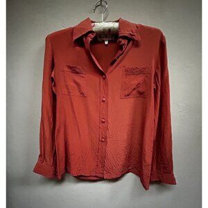 Vintage Rive Gauche Women's Rust Orange Silk Button Up Long Sleeve Shirt Small